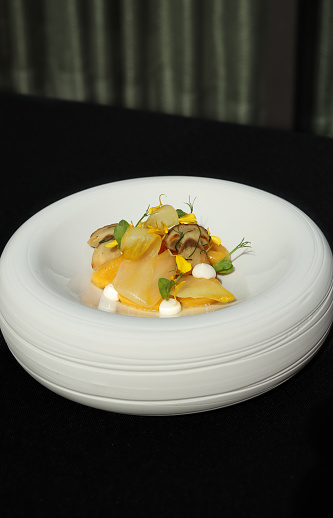 Vegetarian Michelin star gourmet dish with ravioli, chanterelle mushrooms and salad garnish