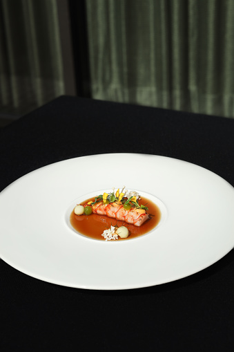 Michelin Star Gourmet Dish With Prawn In Seafood Consomme With