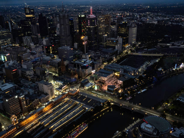 istock High angle view of city lights 1452582080