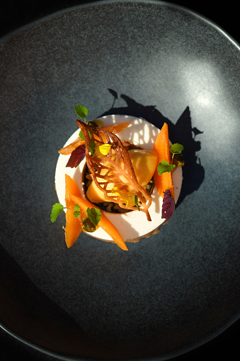 Michelin star gourmet dessert with peaches, ice cream sorbet, panna cotta and chocolate