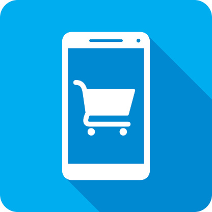 Vector illustration of a smartphone with shopping cart icon against a blue background in flat style.