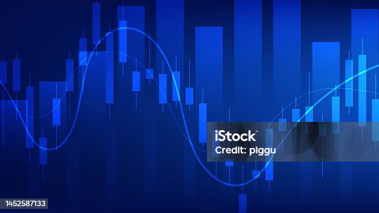 istock Economy and finance concept. financial business investment statistics with stock market candlesticks and bar chart on blue background 1452587133