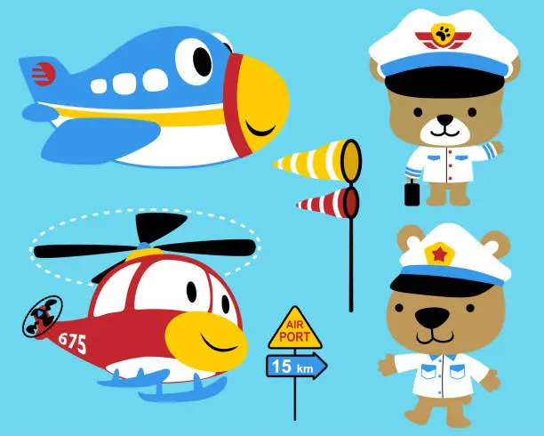 Vector illustration of Vector set cartoon of air transportation with cute teddy bear pilot