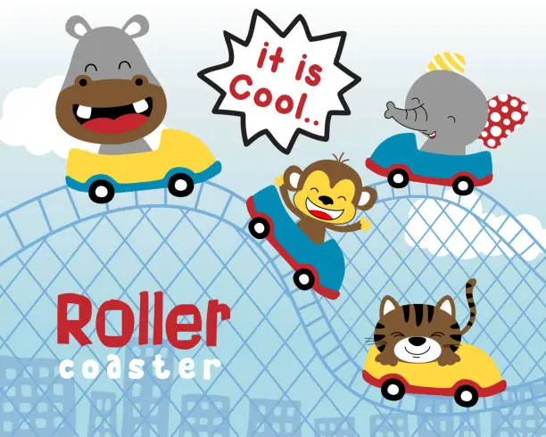 Vector illustration of Funny animals cartoon playing roller coaster