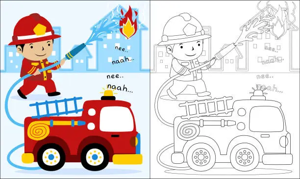 Vector illustration of Coloring book or page of fire truck cartoon with fireman spraying water hose to burning house