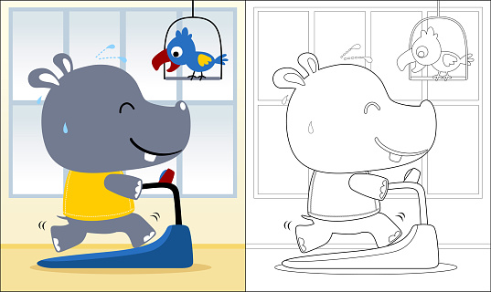 Vector illustration of cute hippo cartoon running on a treadmill with cockatoo, coloring book or page