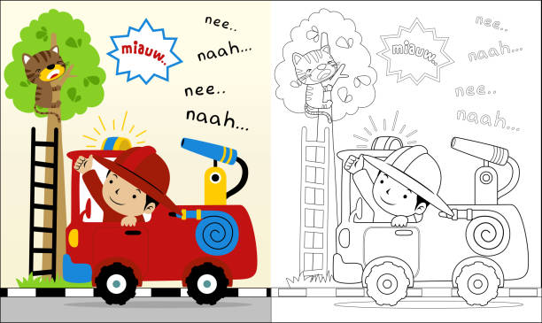 векторная иллюстрация мультфильма пожарный поможет коту на дереве, раскраска или страничка - book child staircase steps stock illustrations