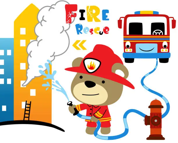 Vector illustration of Vector illustration of cute bear in fireman uniform spray water into burning buildings, smiling fire truck