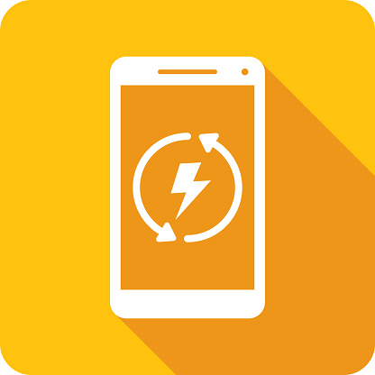 Vector illustration of a smartphone with lightning bolt in circular arrow icon against a yellow background in flat style.