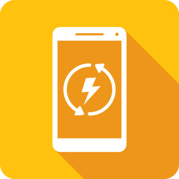 Renewable Energy Smartphone Icon Silhouette Vector illustration of a smartphone with lightning bolt in circular arrow icon against a yellow background in flat style. phone charging station icon stock illustrations