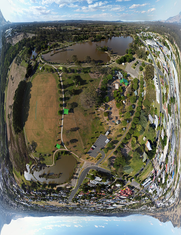 The aerial drone point of view in 360 degree photography at Wodonga is a city on the Victorian side of the border with New South Wales on the southern side of the Murray River.