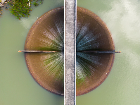Aerial view of water spillway at lower Hui Dum, Auckland New Zealand.