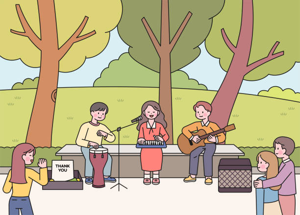 Korean music culture Street musicians are busking in the park. People are listening to their music. korea singer stock illustrations