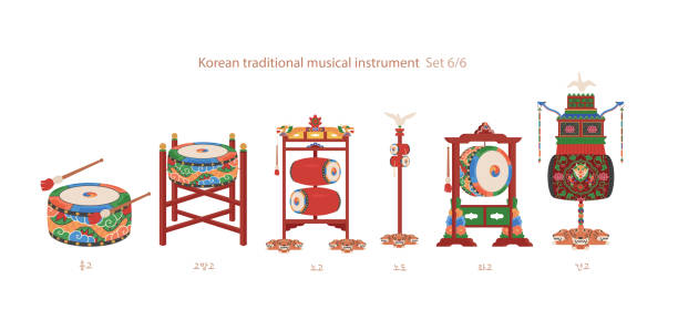 A collection of traditional Korean musical instruments. vector art illustration