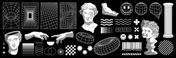 Retro futuristic set. Modern sculpture and statue, surreal geometric shapes, wireframe, cyberpunk elements and perspective grids. Abstract vector illustration in trendy psychedelic techno style.