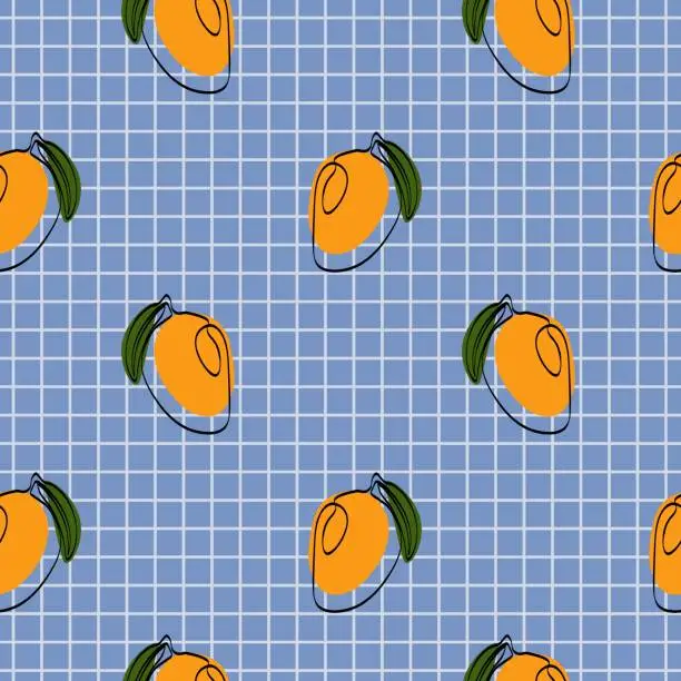 Vector illustration of Seamless pattern with mango on blue background. Continuous one line drawing mango. Black line art on blue background with colorful spots. Vegan concept
