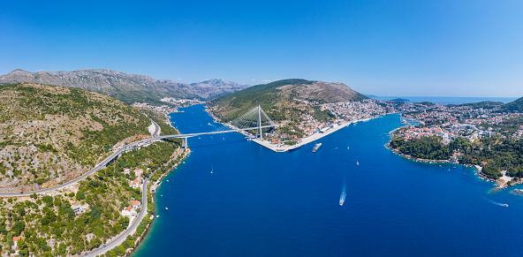 Aerial panoramic view of Dubrovnik and Franjo Tudman Bridge, Croatia
