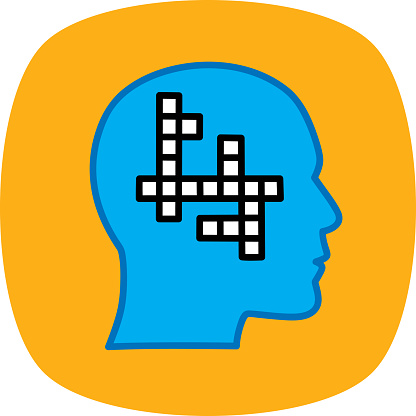 Vector illustration of a hand drawn crossword puzzle inside the silhouette of a blue man's head against an orange background.