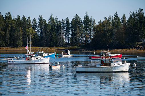 Owls Head, USA - October 14, 2021. Boats at bay of Owls Head, Maine, USA