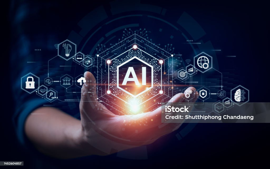 Businessman touching the brain working of Artificial Intelligence (AI) 
Automation, Predictive analytics, Customer service AI-powered chatbot, analyze customer data, business and technology Artificial Intelligence Stock Photo