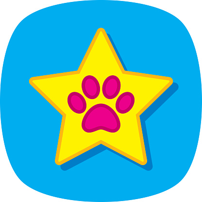 Vector illustration of a hand drawn pink paw print against in gold star against a blue background.
