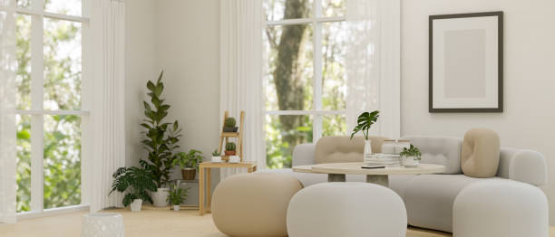 istock Modern contemporary white living room with comfortable couch, coffee table, indoor plants 1452611495
