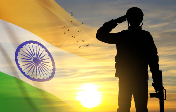 istock Silhouette of soldier with India flag 1452618795