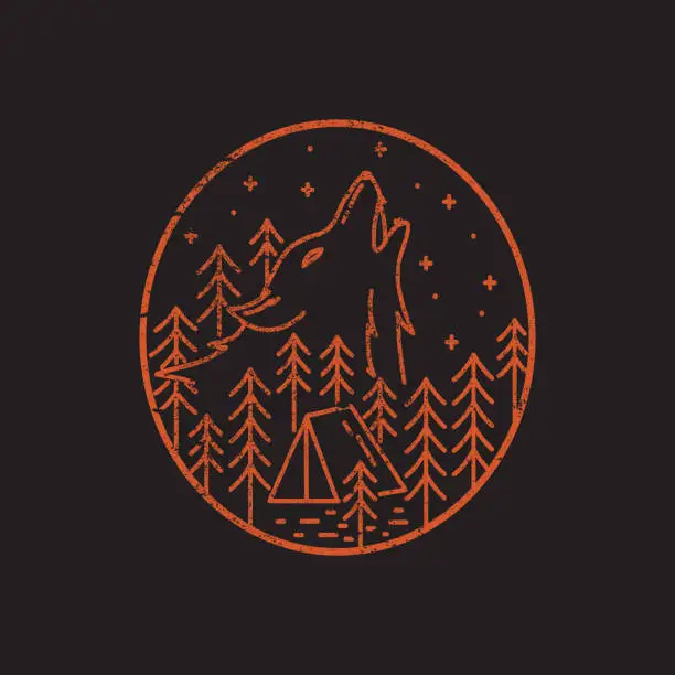 Vector illustration of Camping ground and wolf illustration in mono line art, badge vector illustration, T-Shirt Art, Design Vector, grunge effect