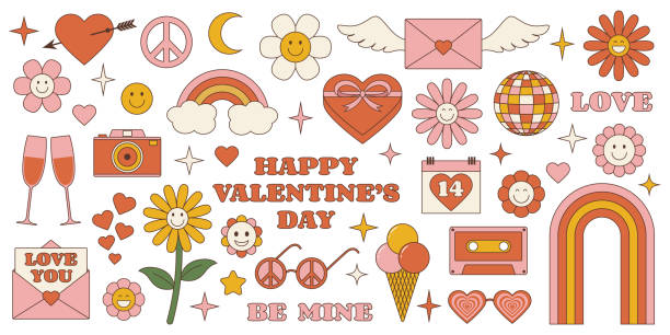 ilustraciones, imágenes clip art, dibujos animados e iconos de stock de conjunto de pegatinas retro groovy happy valentines day. - peace on earth audio