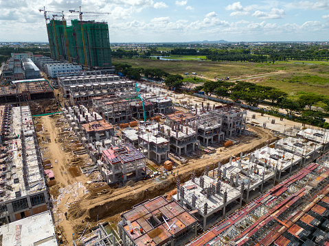 Drone aerial point of view of a building construction site in Phnom Penh, Cambodia.