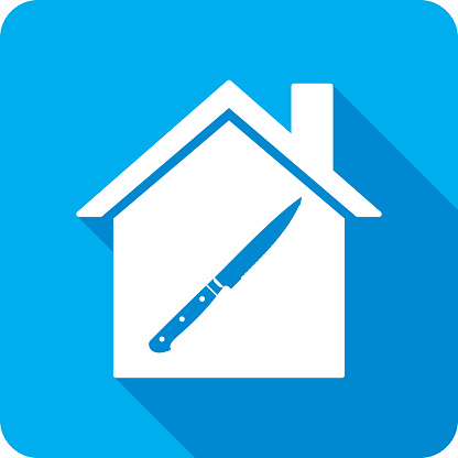 Vector illustration of a house with kitchen knife icon against a blue background in flat style.
