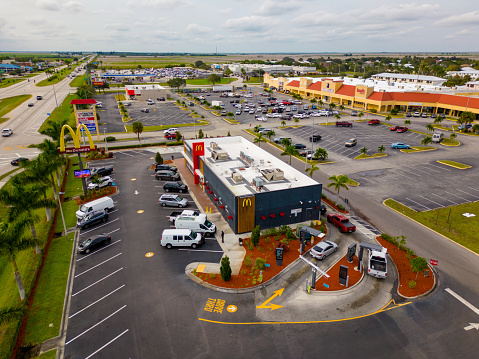 Clewiston, FL, USA - December 22, 2022: Aerial drone photo of Mcdonalds in Clewiston Florida