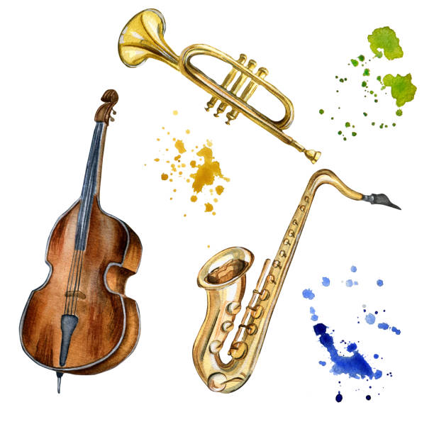 Trumpet, saxophone, contrabass musical instruments watercolor illustration isolated. Trumpet, saxophone, contrabass musical instruments watercolor illustration isolated. Set of jazz musical instruments hand drawn. Design element for flyer, live concert events, brochure, poster, print contra bassoon stock illustrations