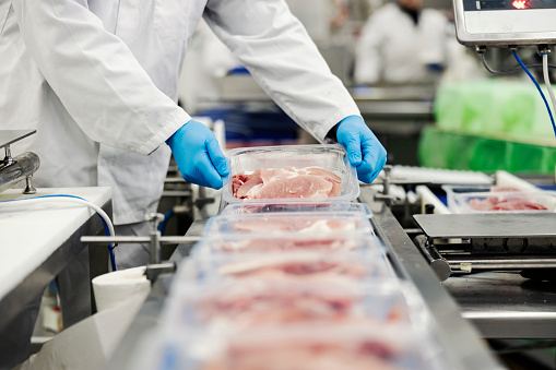 Close up of a meat industry worker gathering packed meat on a conveyor belt.