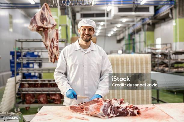 A Butcher Is Working With Raw Meat In Meat Factory Stock Photo - Download Image Now
