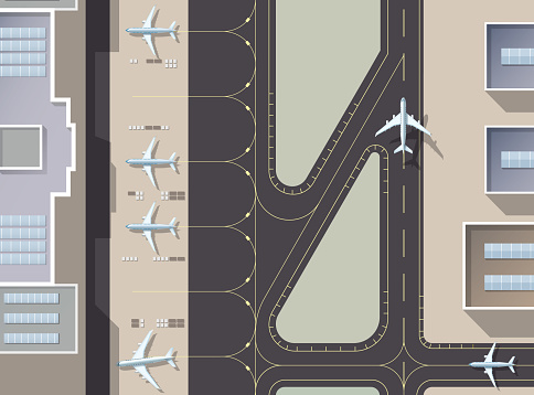 Airport passenger terminal and runways top view. Top down aerial view of a busy airport terminal with parked airplanes. The runway of the aircraft. Buildings hangar for airplanes. Vector llustration