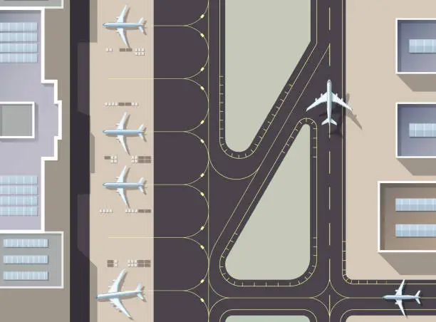 Vector illustration of Airport passenger terminal and runways top view. Top down aerial view of a busy airport terminal with parked airplanes. The runway of the aircraft. Buildings hangar for airplanes. Vector llustration