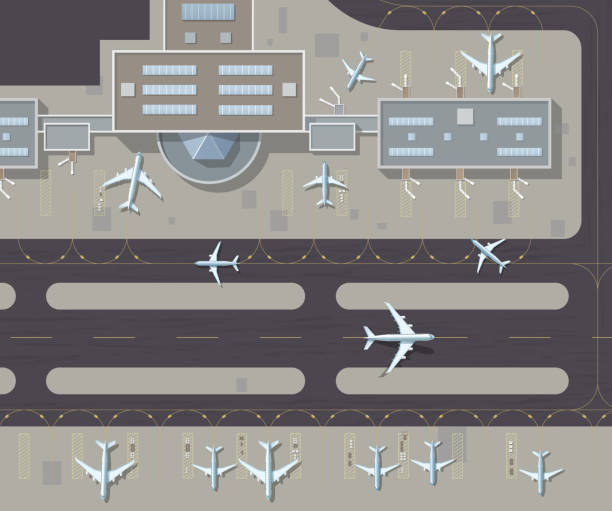 illustrazioni stock, clip art, cartoni animati e icone di tendenza di vista dall'alto del terminal passeggeri dell'aeroporto e pista con aerei parcheggiati. vista aerea dall'alto verso il basso di un terminal aeroportuale affollato. la pista dell'aereo. edifici hangar per aeroplani. illustrazione vettoriale - terminal aeroportuale