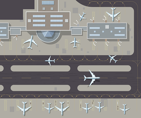 Airport top view passenger terminal and runway with parked airplanes. Top down aerial view of a busy airport terminal. The runway of the aircraft. Buildings hangar for airplanes. Vector illustration