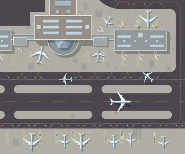 Vector illustration of Airport top view passenger terminal and runway with parked airplanes. Top down aerial view of a busy airport terminal. The runway of the aircraft. Buildings hangar for airplanes. Vector illustration