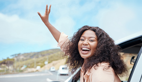 Travel, road trip and excited black woman in window portrait for adventure journey, countryside lifestyle or outdoor holiday. Transportation car, happy person driving and sky cloud mockup background