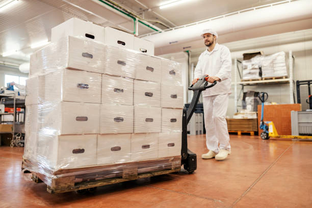 istock A meat factory worker is driving forklift with packages and preparing it for delivery. 1452634623