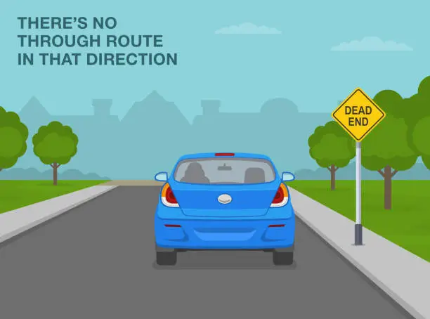 Vector illustration of Back view of a car. Dead end sign meaning. There's no through route in that direction.