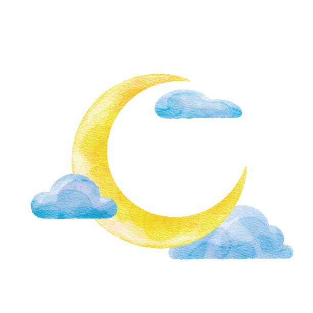 Watercolor Moon and Clouds Watercolor moon and cloud. Vector tracing. half moon stock illustrations