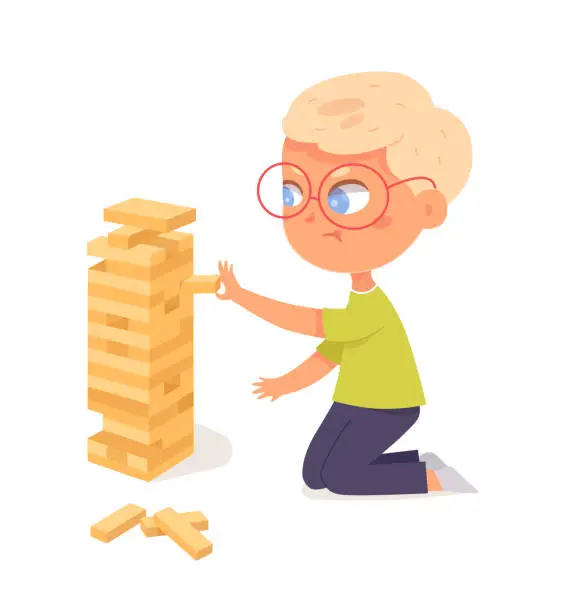 Vector illustration of Kid playing logic game vector illustration. Cartoon isolated cute smart boy in glasses building tower puzzle with wood blocks, child pushing wooden toy brick with hand to construct structure