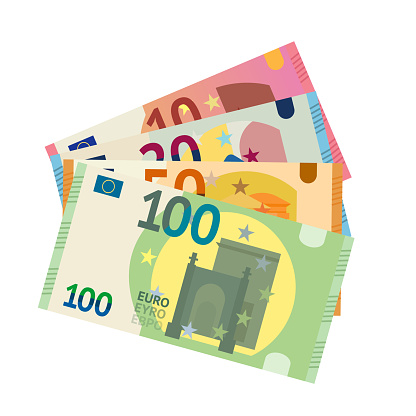 Euro paper money set vector illustration. Cartoon isolated European banknotes collection and fan of bills in denominations of 10, 20, 50 and 100 euros, front view of cash currency pile from Europe