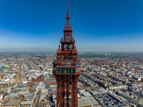 A drone view of the Blackpool Tower in Blackpool, England in the daylight
