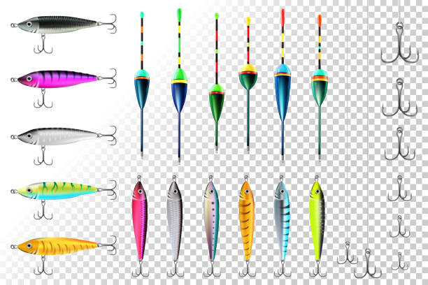 낚시 미끼 세트. 연어, 메기, 참치, 파이크, 퍼치, 청새치, 농어, 송어 또는 타폰을 잡기위한 현실적인 후크 컬렉션. 웹 및 인쇄된 제품에 대한 wobblers 벡터. - pike dive stock illustrations