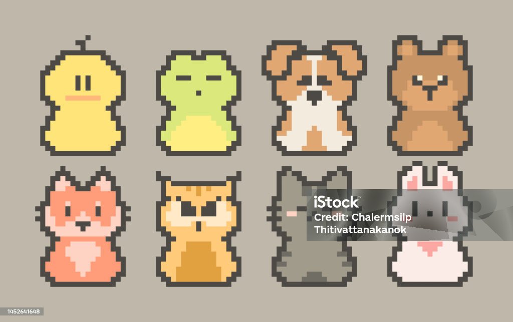 Vector Pixel Art Animal Series Collection Icons And Stickers 8 Bit Style  Set Of Duck Frog Dog Bear Fox Owl Cat Rabbit Stock Illustration - Download  Image Now - iStock