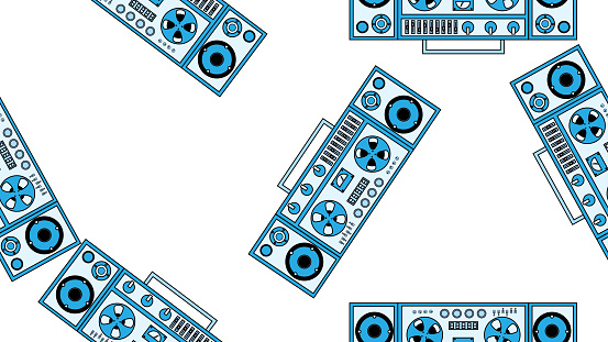 Seamless pattern endless with music audio cassette old retro tape recorders vintage hipster from 70s, 80s, 90s isolated on white background. Vector illustration.
